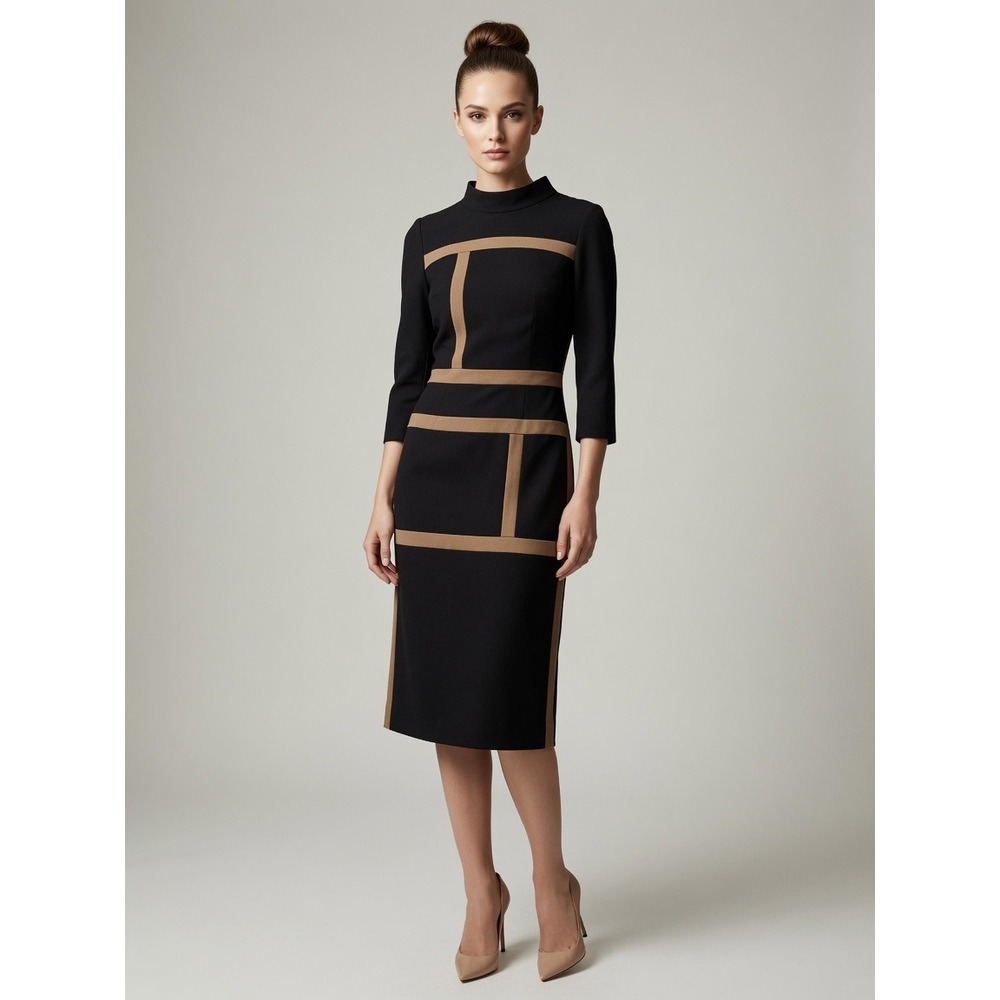 Per Se Black Tan Colorblock Sheath Dress Career Office Stretch Size 8 Midi